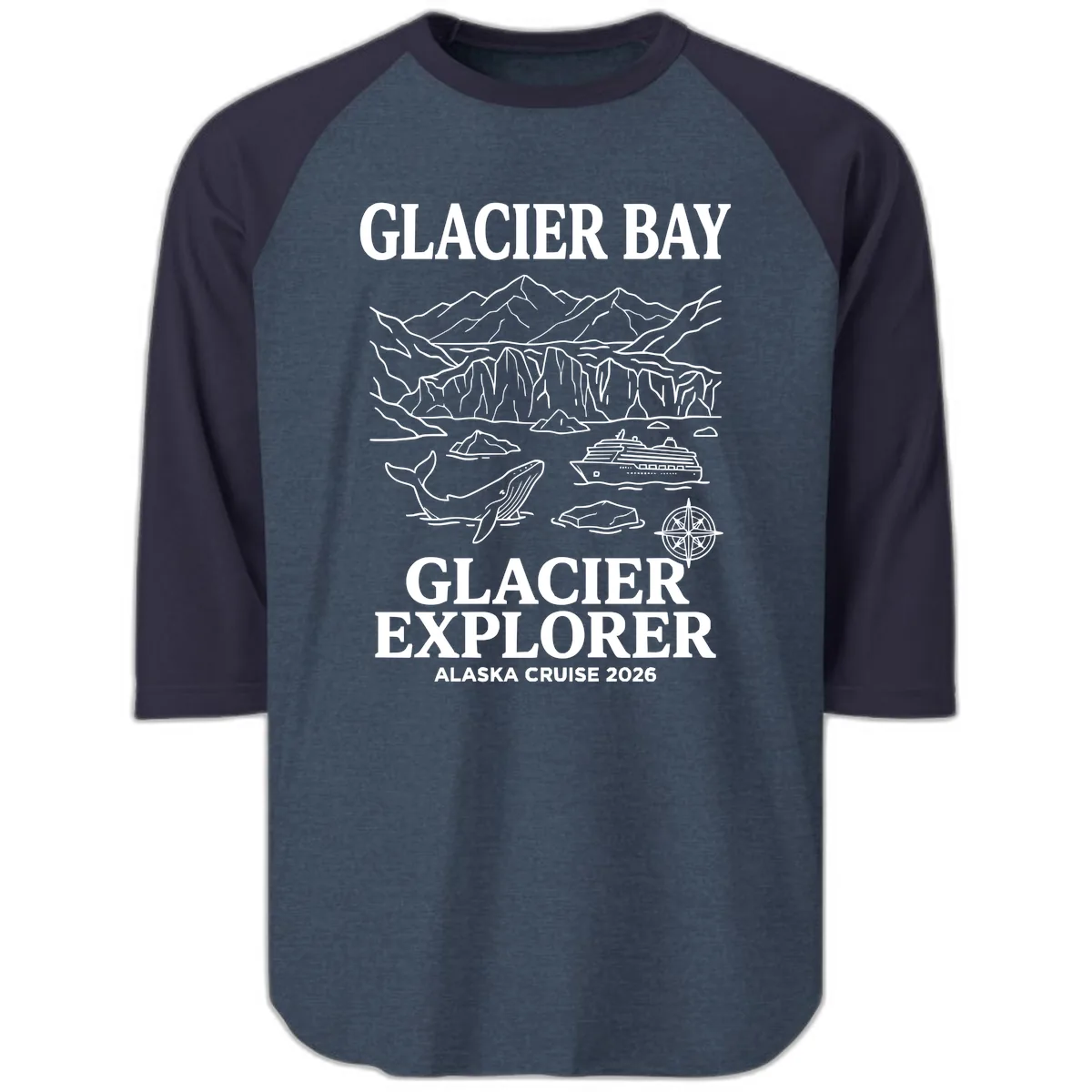 Glacier Bay Explorer Alaska Cruise Raglan 3/4 in Heather Denim Navy