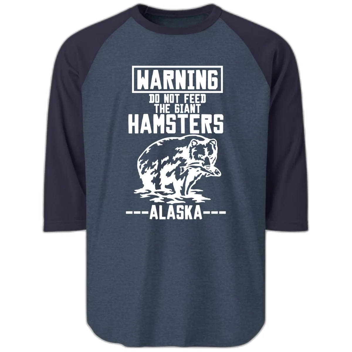 Do Not Feed The Giant Hamsters Alaska Raglan 3/4 in Heather Denim Navy