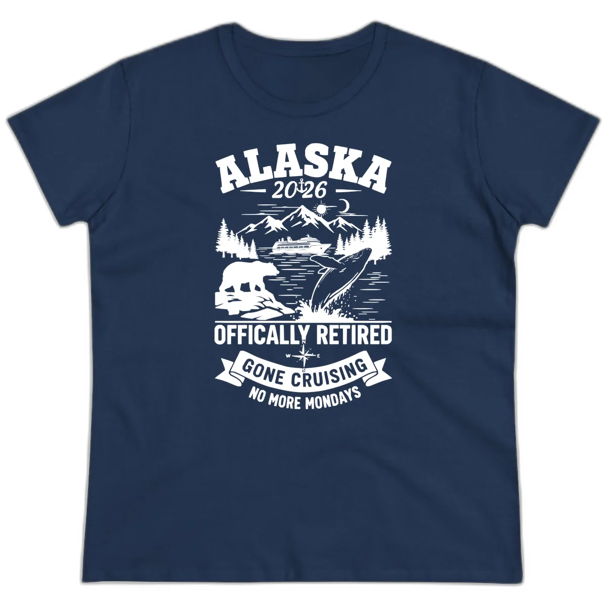 Alaska 2026 Officially Retired Gone Cruising Ladies Tee in Navy