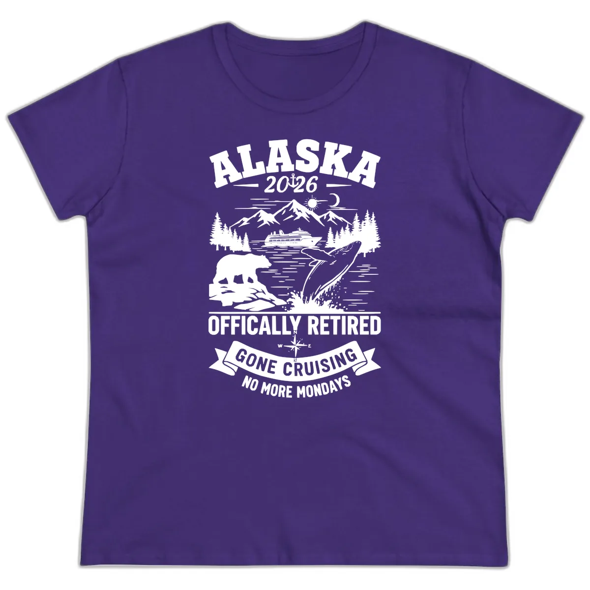 Alaska 2026 Officially Retired Gone Cruising Ladies Tee in Purple