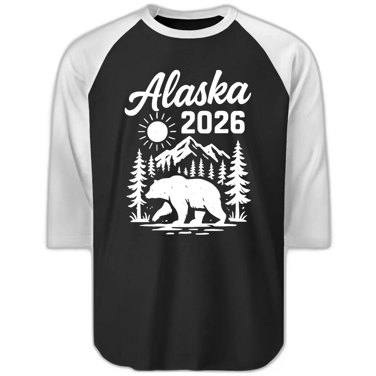 Alaska 2026 Bear Mountain Wilderness Raglan 3/4 in Black White
