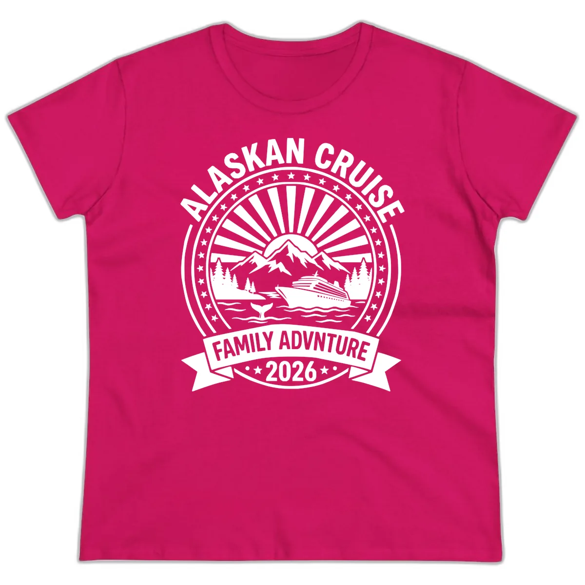 Alaska Cruise Family Adventure Badge Ladies Tee in Heliconia
