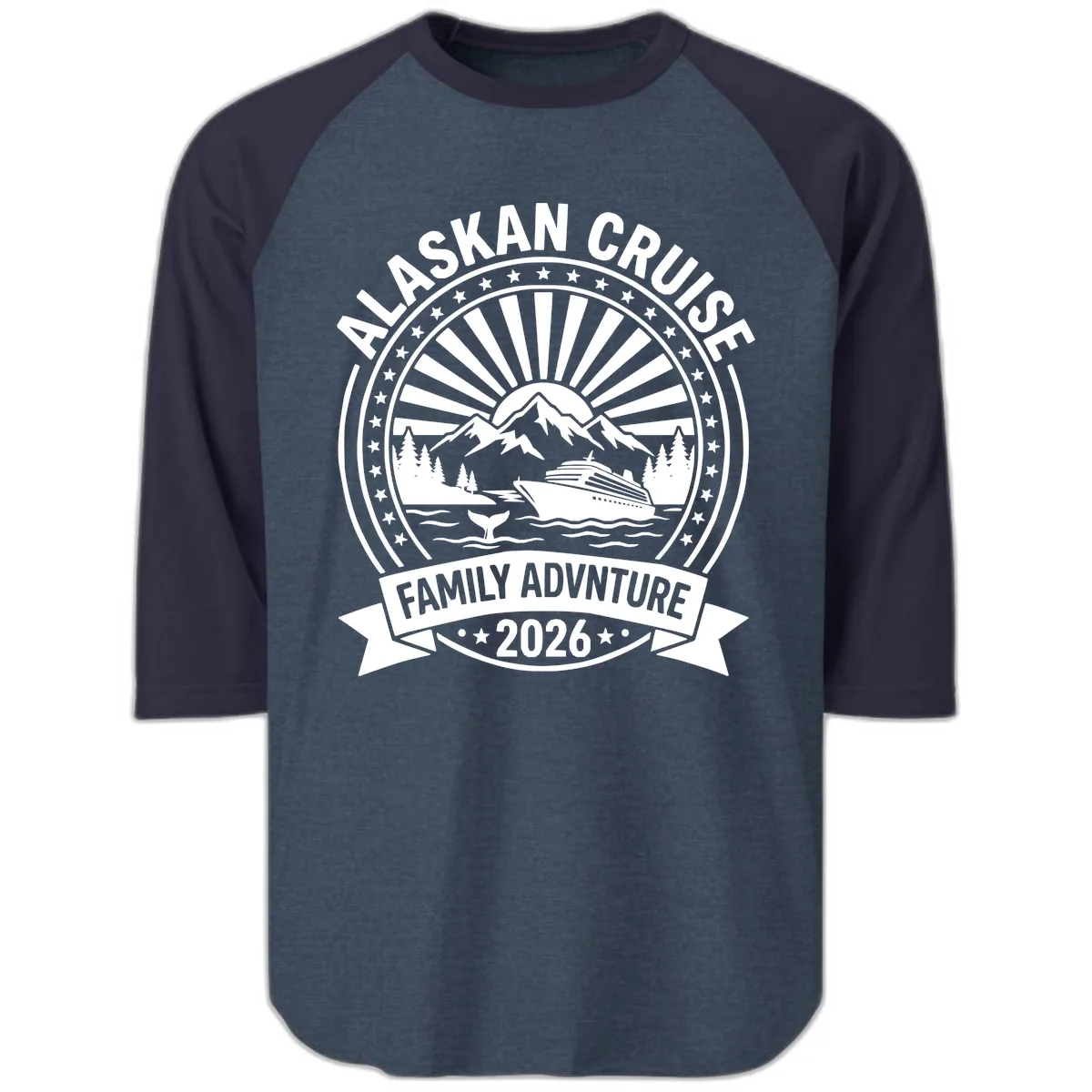 Alaska Cruise Family Adventure Badge Raglan 3/4 in Heather Denim Navy