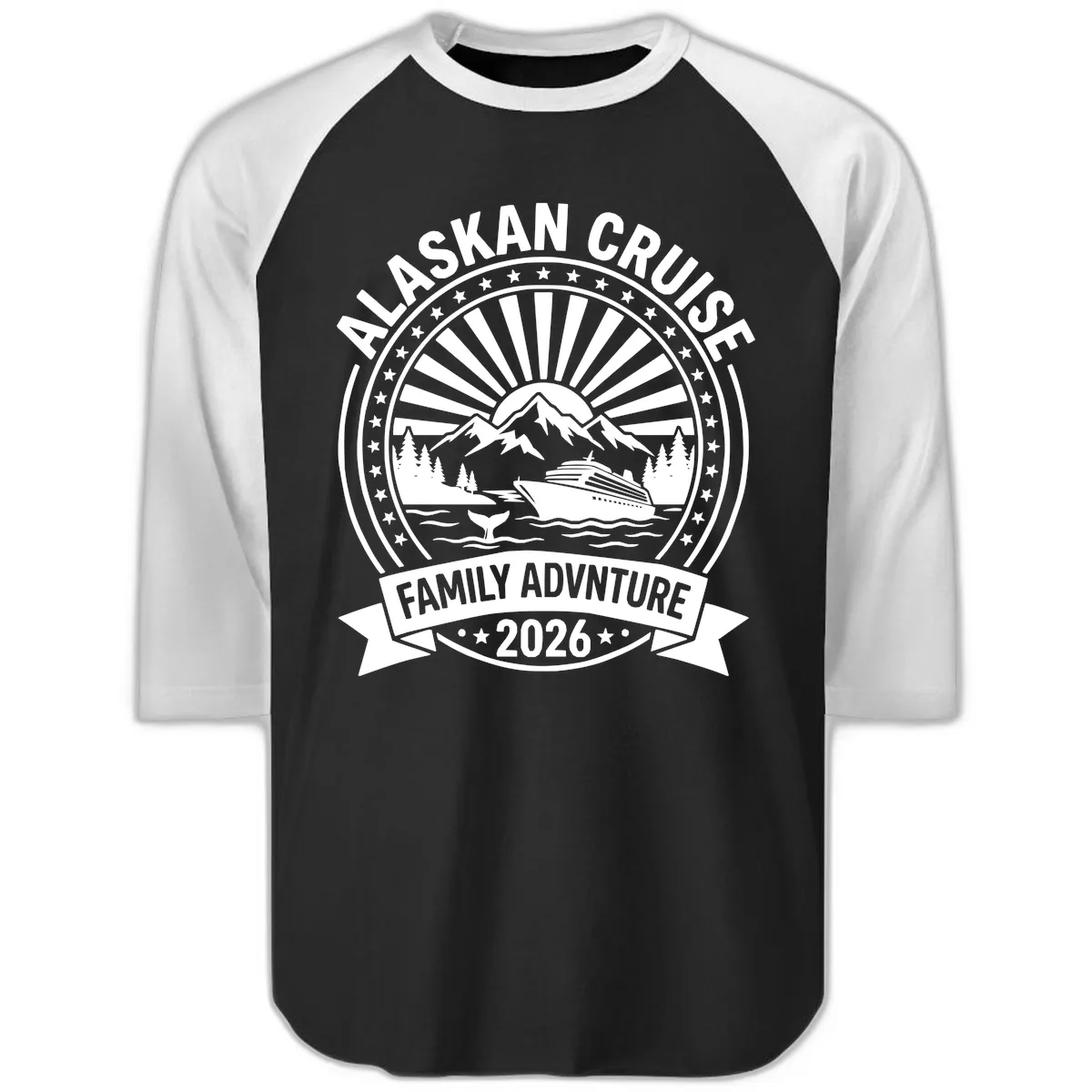 Alaska Cruise Family Adventure Badge Raglan 3/4 in Black White