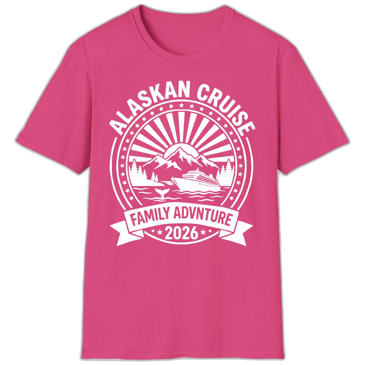 Alaska Cruise Family Adventure Badge T-Shirt in Heliconia