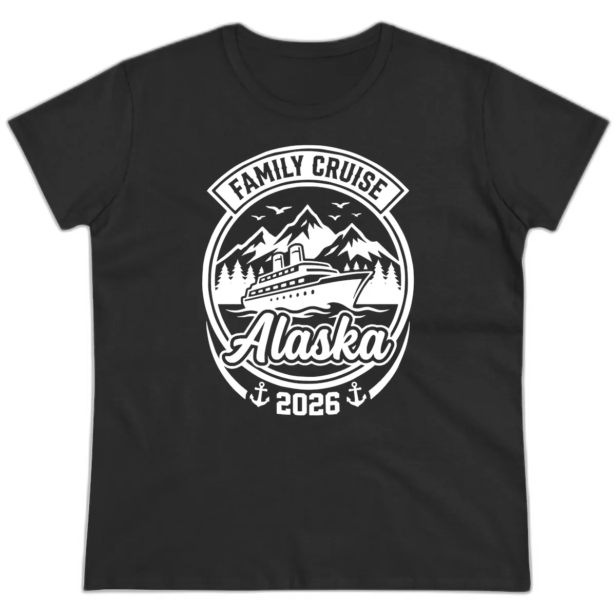 Family Cruise Alaska Badge Design Ladies Tee in Black