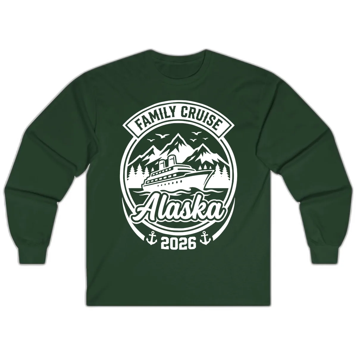 Family Cruise Alaska Badge Design Long Sleeve in Forest Green