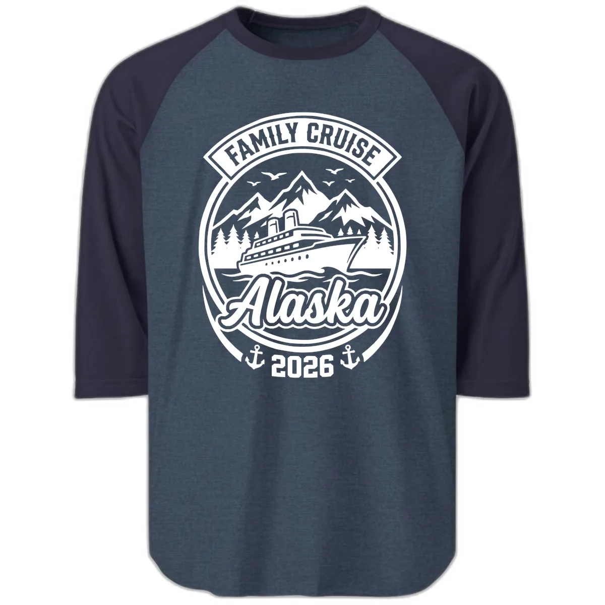 Family Cruise Alaska Badge Design Raglan 3/4 in Heather Denim Navy