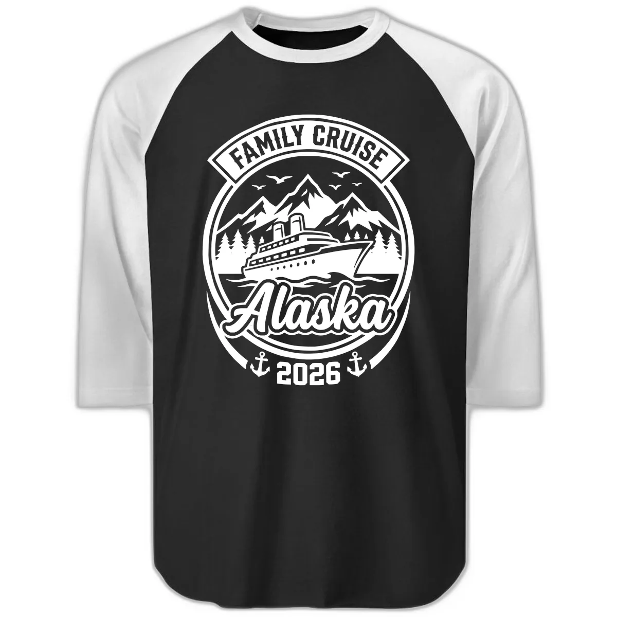 Family Cruise Alaska Badge Design Raglan 3/4 in Black White