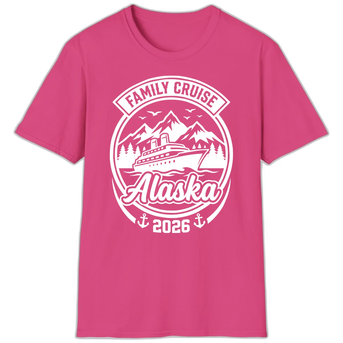 Family Cruise Alaska Badge Design T-Shirt in Heliconia