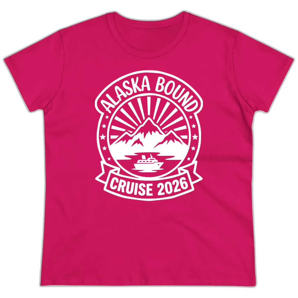 Alaska Bound Cruise 2026 Badge Ladies Tee in Heliconia