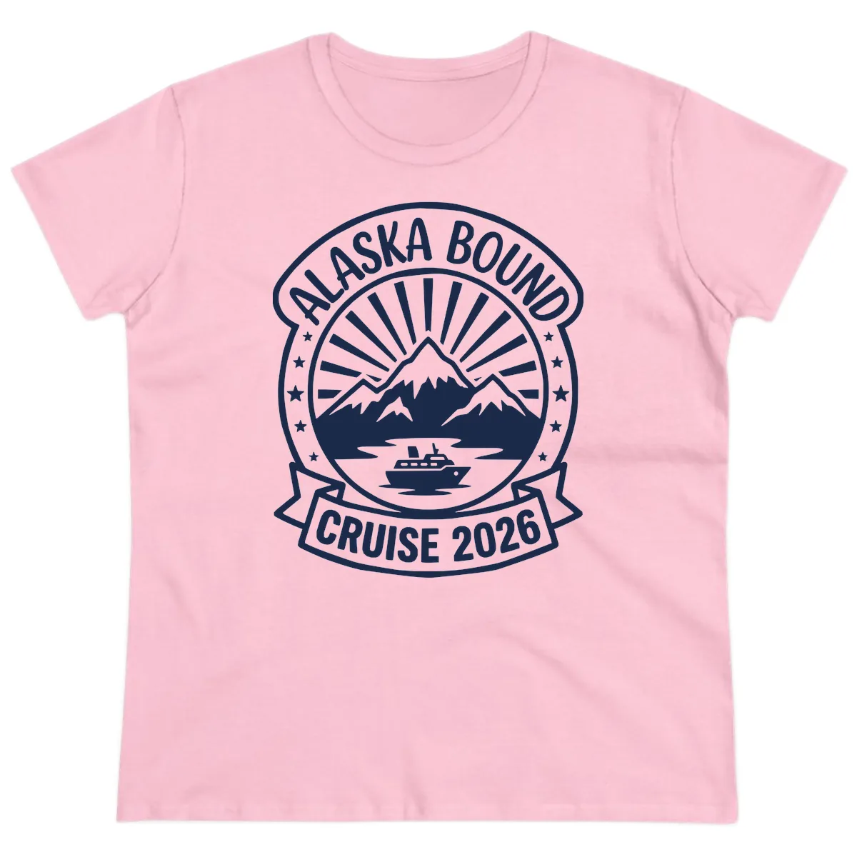 Alaska Bound Cruise 2026 Badge Ladies Tee in Light Pink