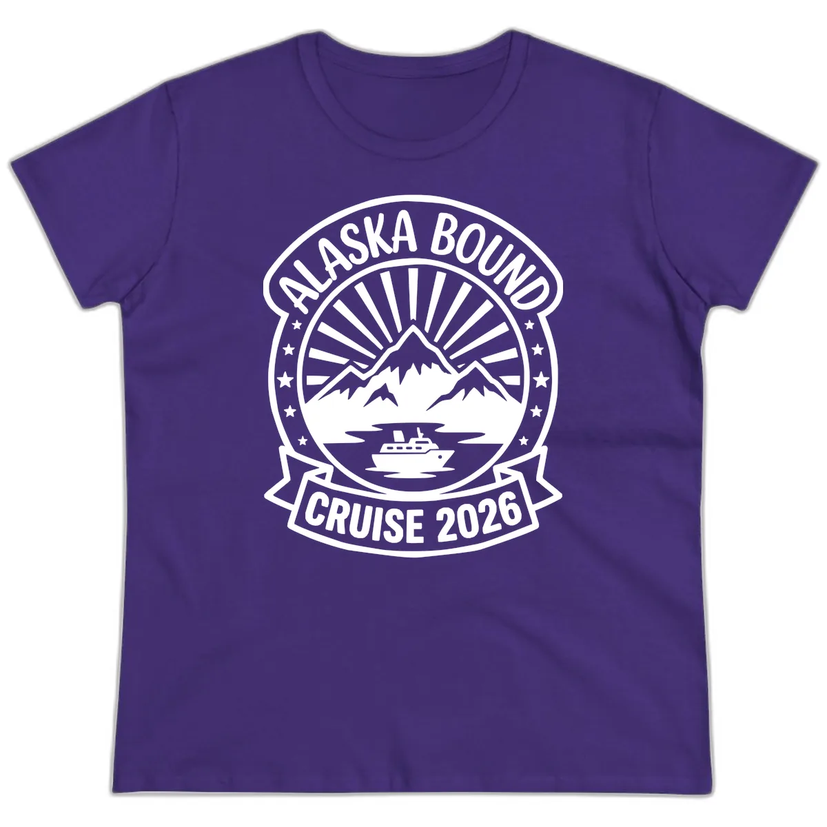 Alaska Bound Cruise 2026 Badge Ladies Tee in Purple