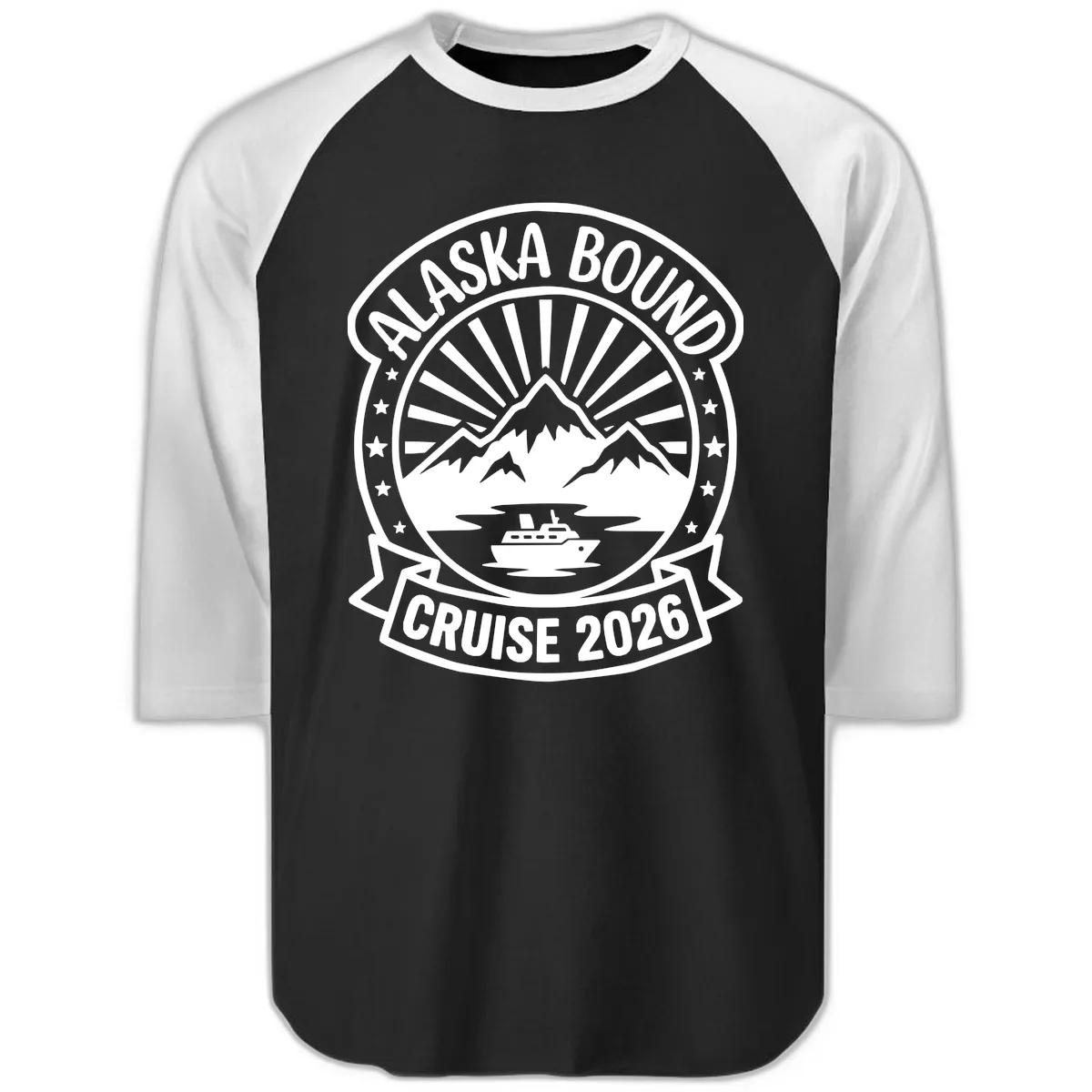Alaska Bound Cruise 2026 Badge Raglan 3/4 in Black White