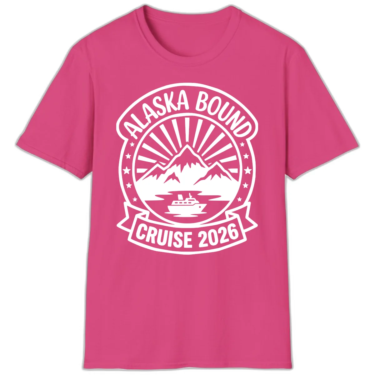 Alaska Bound Cruise 2026 Badge T-Shirt in Heliconia