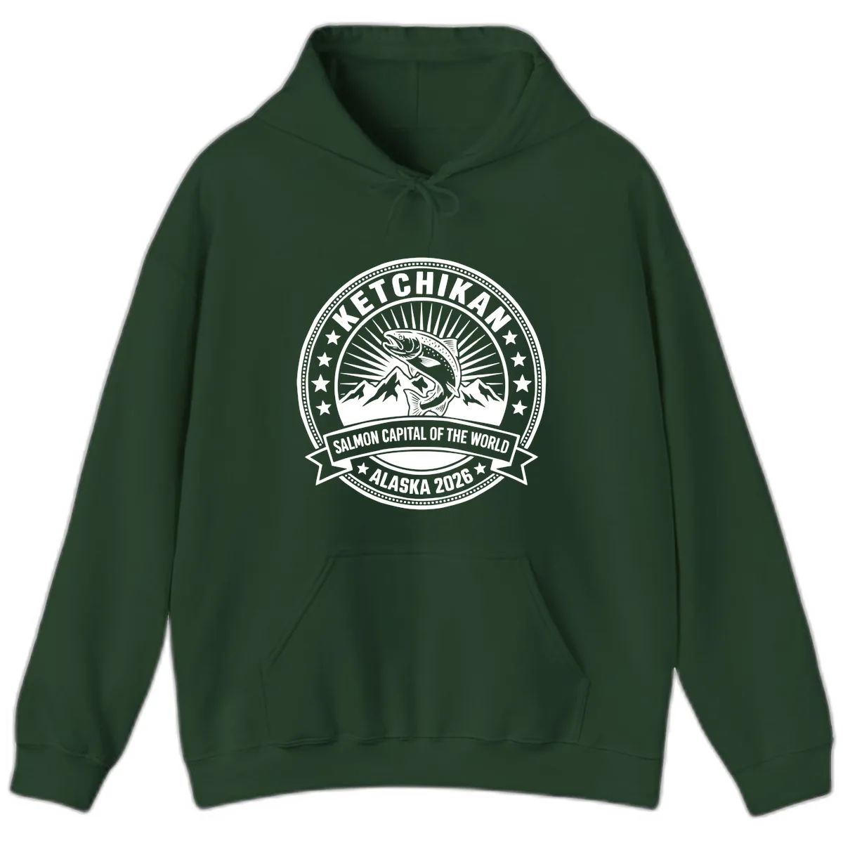 Ketchikan Salmon Capital Badge Hoodie in Forest Green