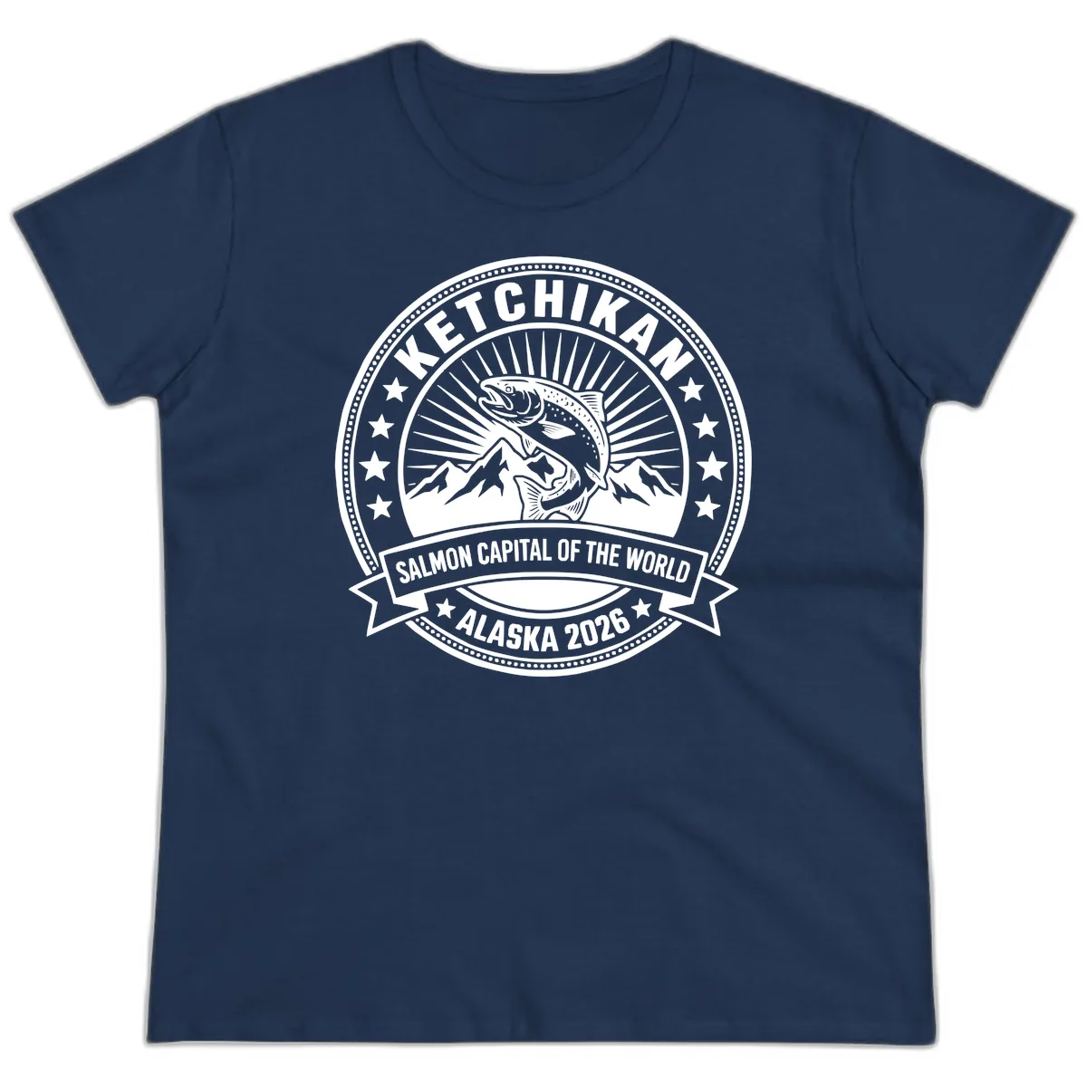 Ketchikan Salmon Capital Badge Ladies Tee in Navy