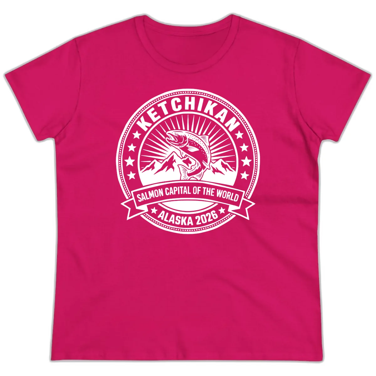 Ketchikan Salmon Capital Badge Ladies Tee in Heliconia