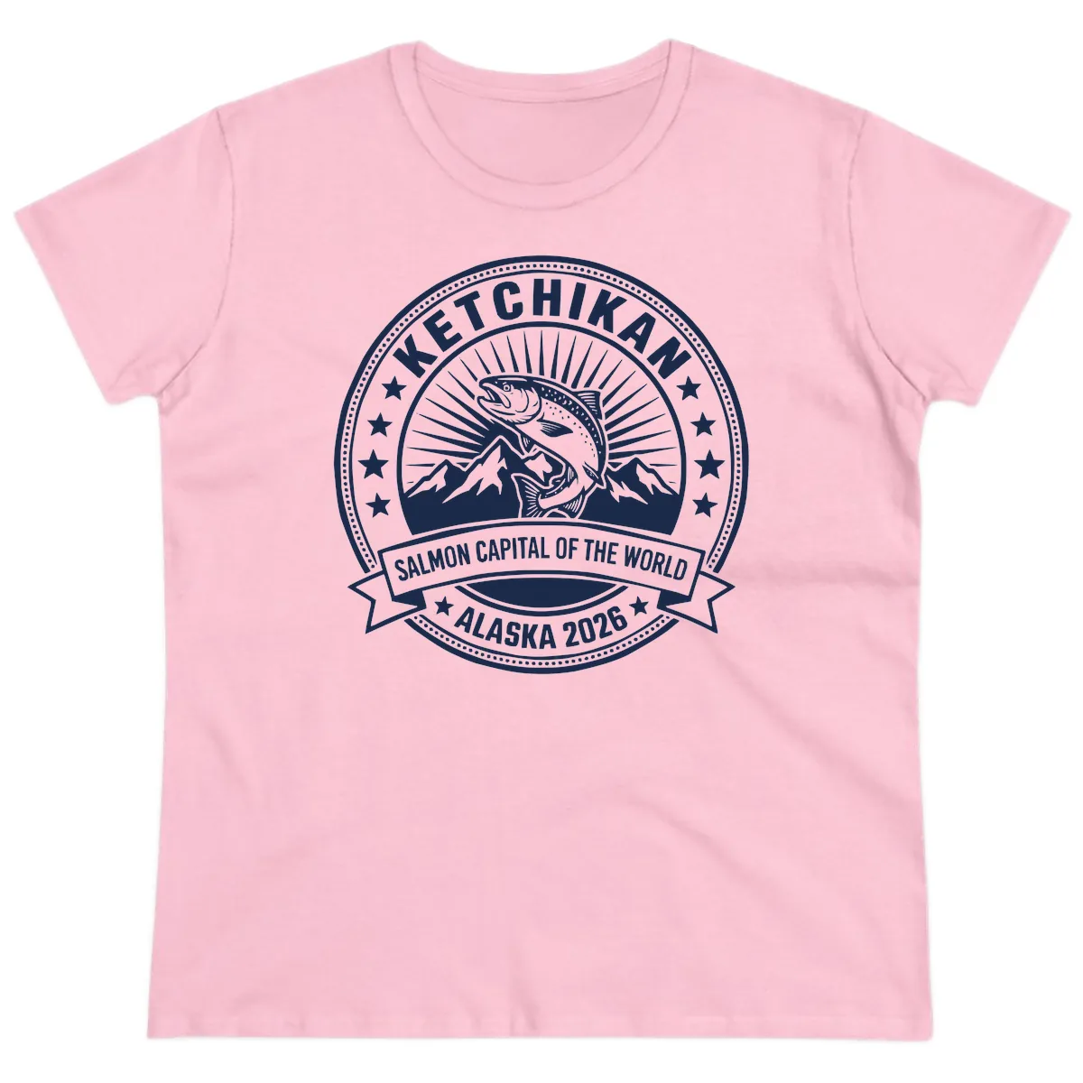 Ketchikan Salmon Capital Badge Ladies Tee in Light Pink