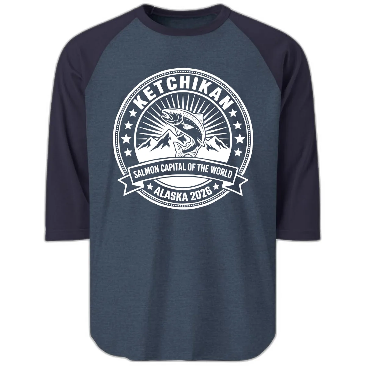 Ketchikan Salmon Capital Badge Raglan 3/4 in Heather Denim Navy