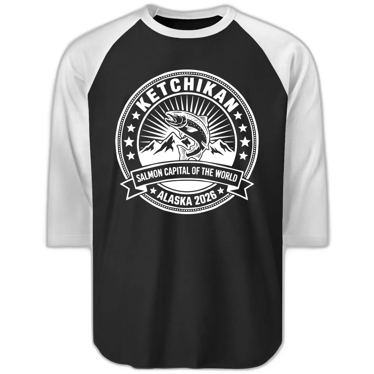 Ketchikan Salmon Capital Badge Raglan 3/4 in Black White