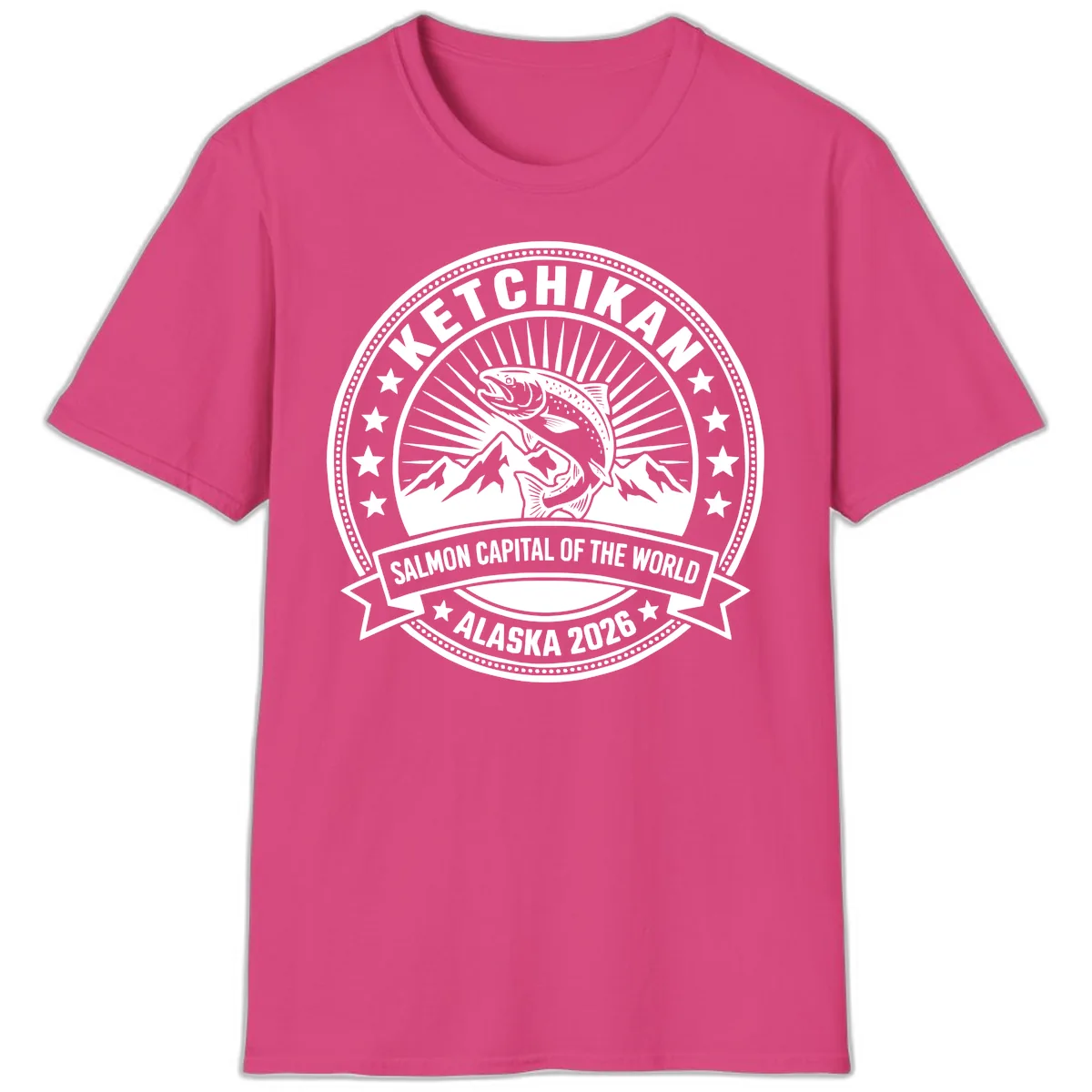 Ketchikan Salmon Capital Badge T-Shirt in Heliconia