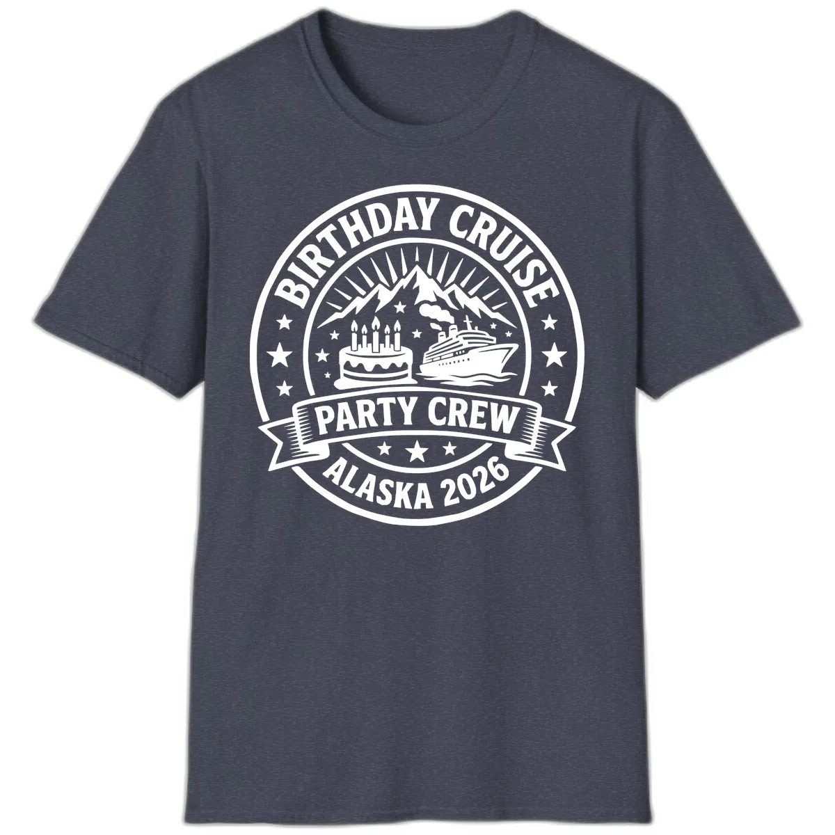 Birthday Cruise Party Crew Alaska 2026 T-Shirt in Heather Navy