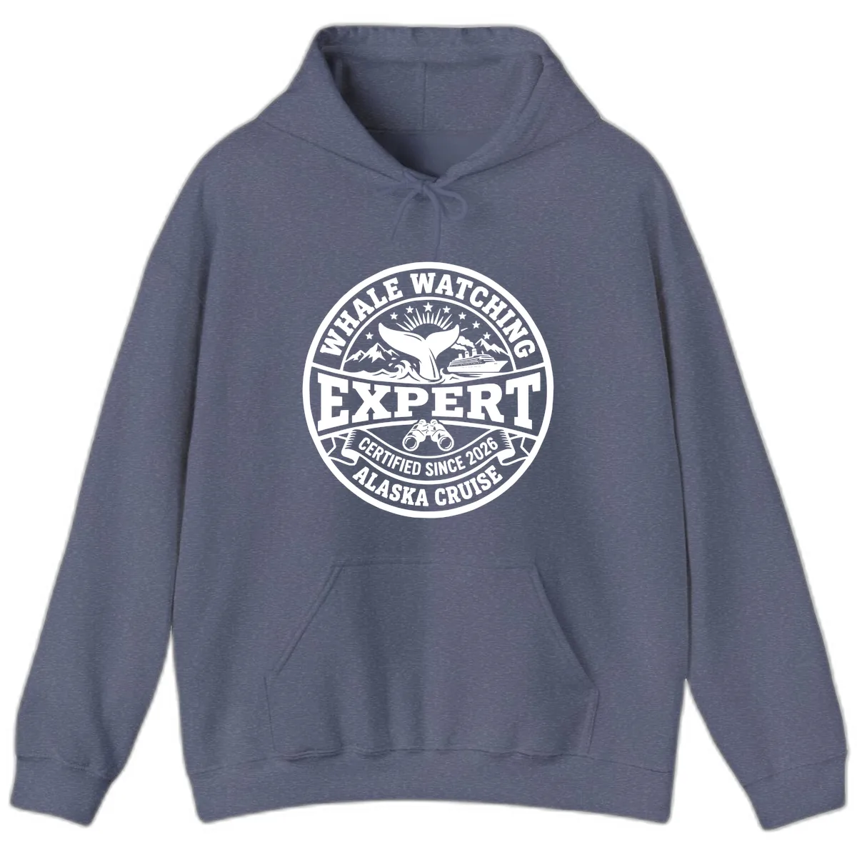 Whale Watching Expert Alaska Cruise Badge Hoodie in Heather Navy