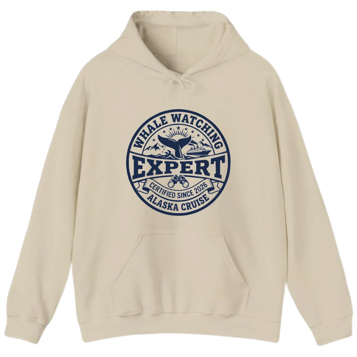 Whale Watching Expert Alaska Cruise Badge Hoodie in Sand