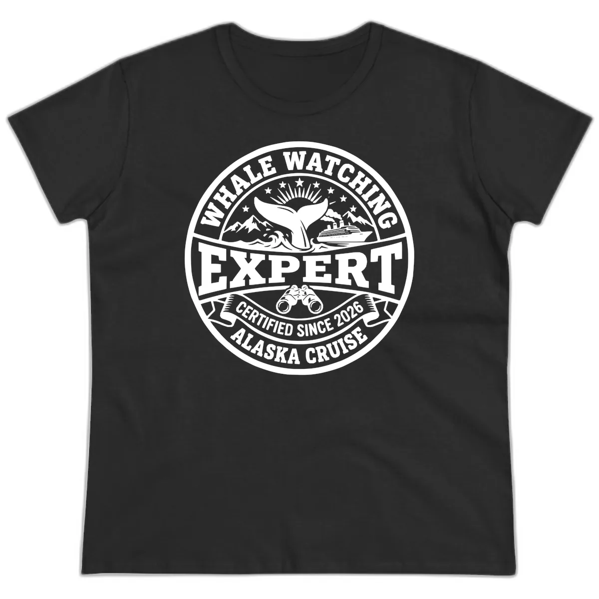 Whale Watching Expert Alaska Cruise Badge Ladies Tee in Black