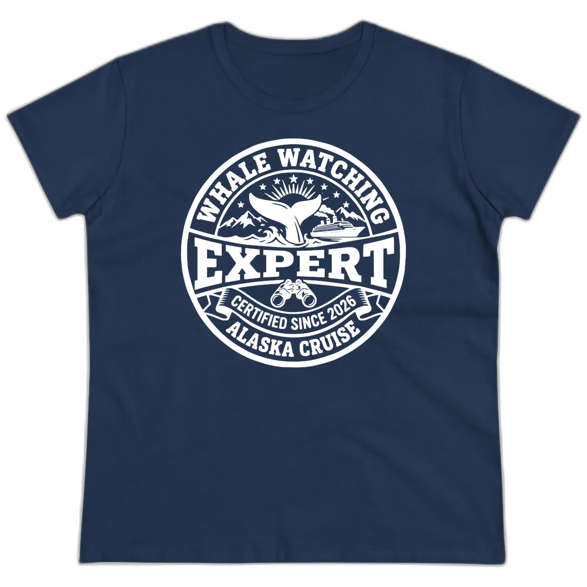 Whale Watching Expert Alaska Cruise Badge Ladies Tee in Navy