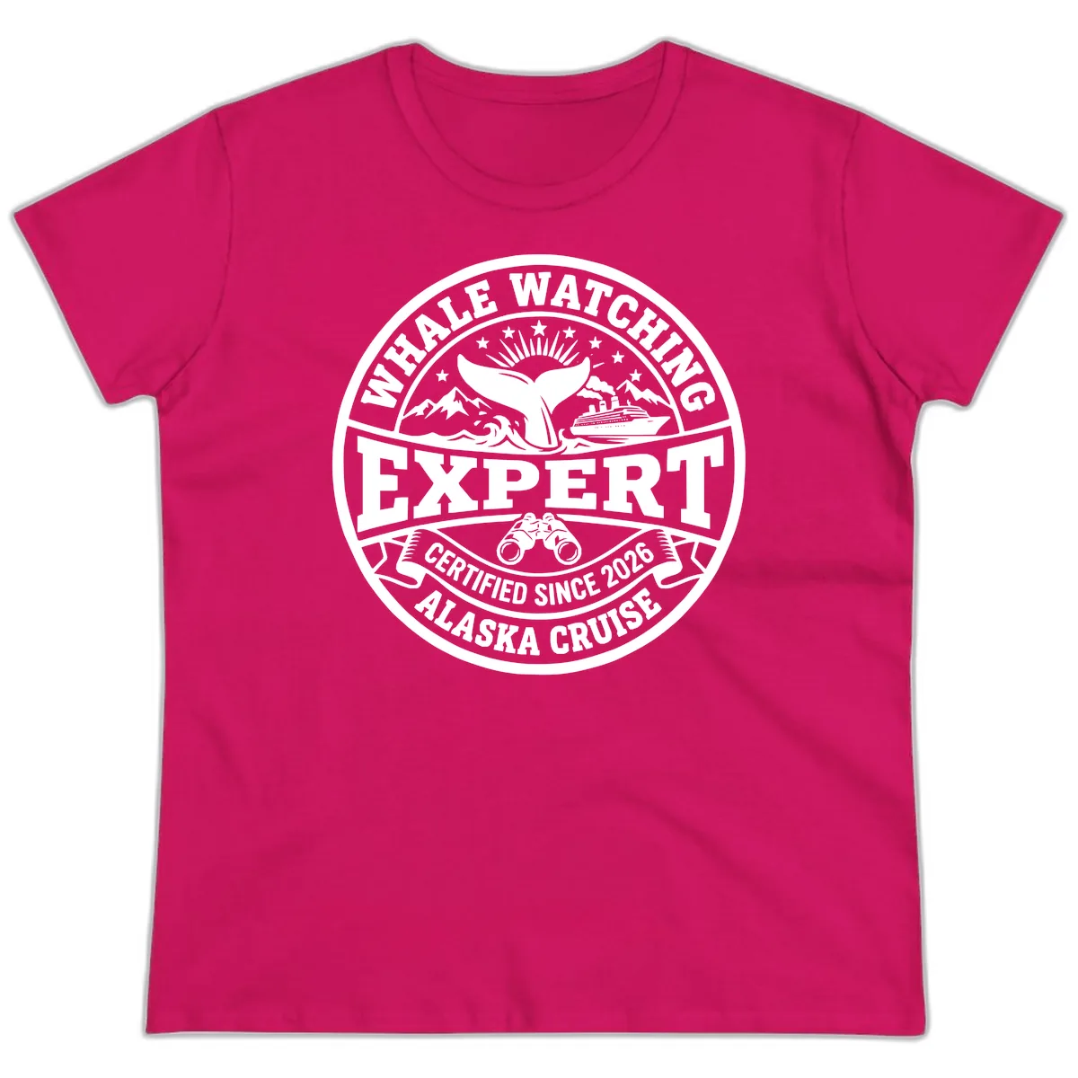 Whale Watching Expert Alaska Cruise Badge Ladies Tee in Heliconia