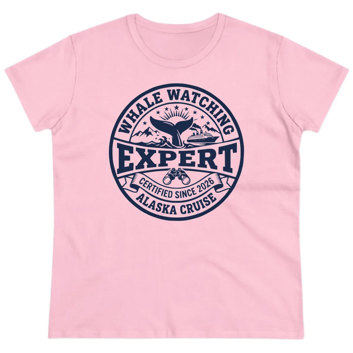 Whale Watching Expert Alaska Cruise Badge Ladies Tee in Light Pink