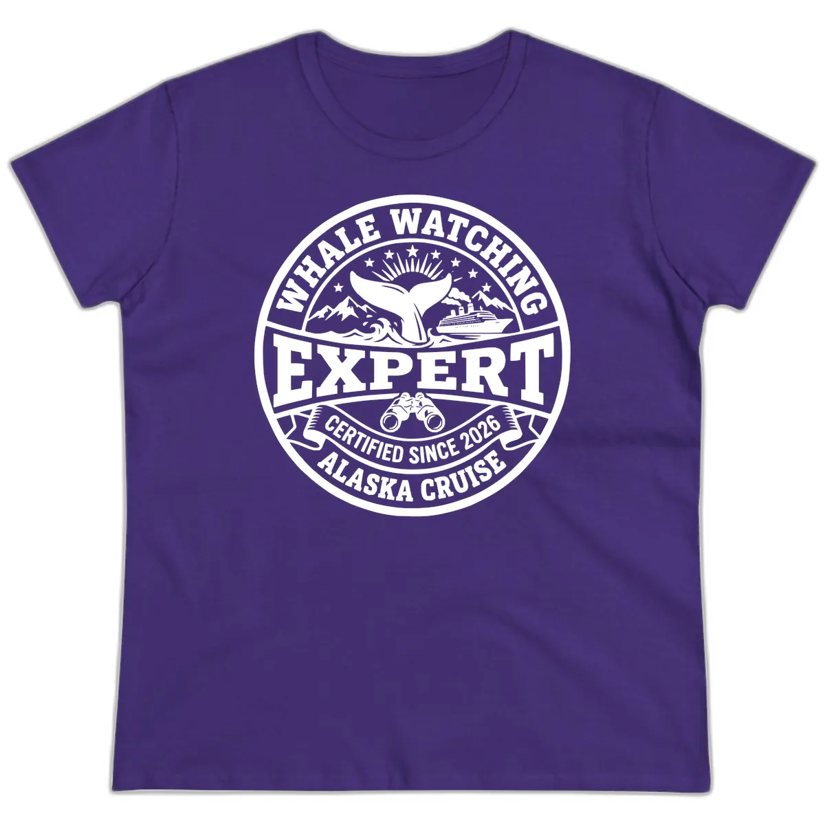 Whale Watching Expert Alaska Cruise Badge Ladies Tee in Purple