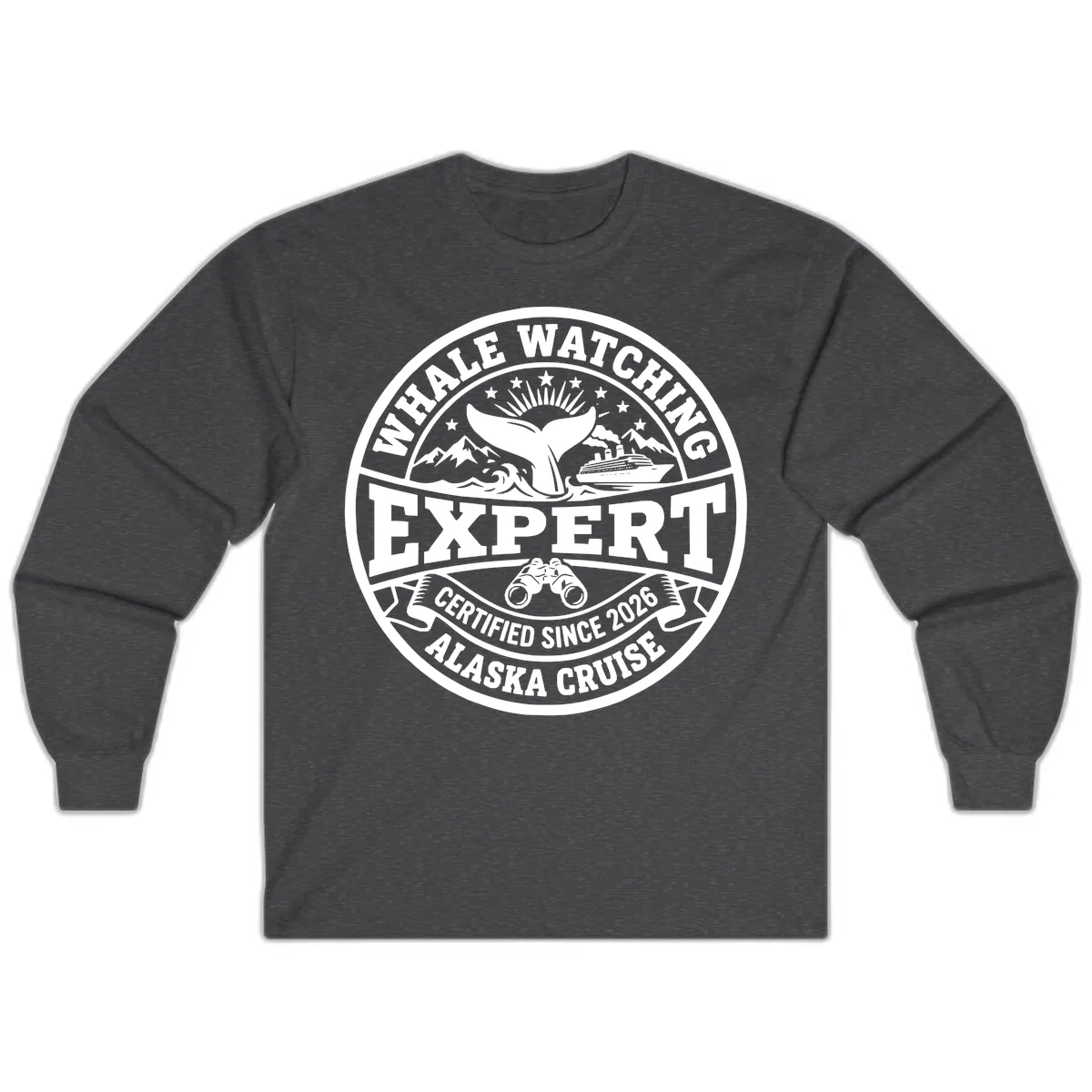 Whale Watching Expert Alaska Cruise Badge Long Sleeve in Dark Heather