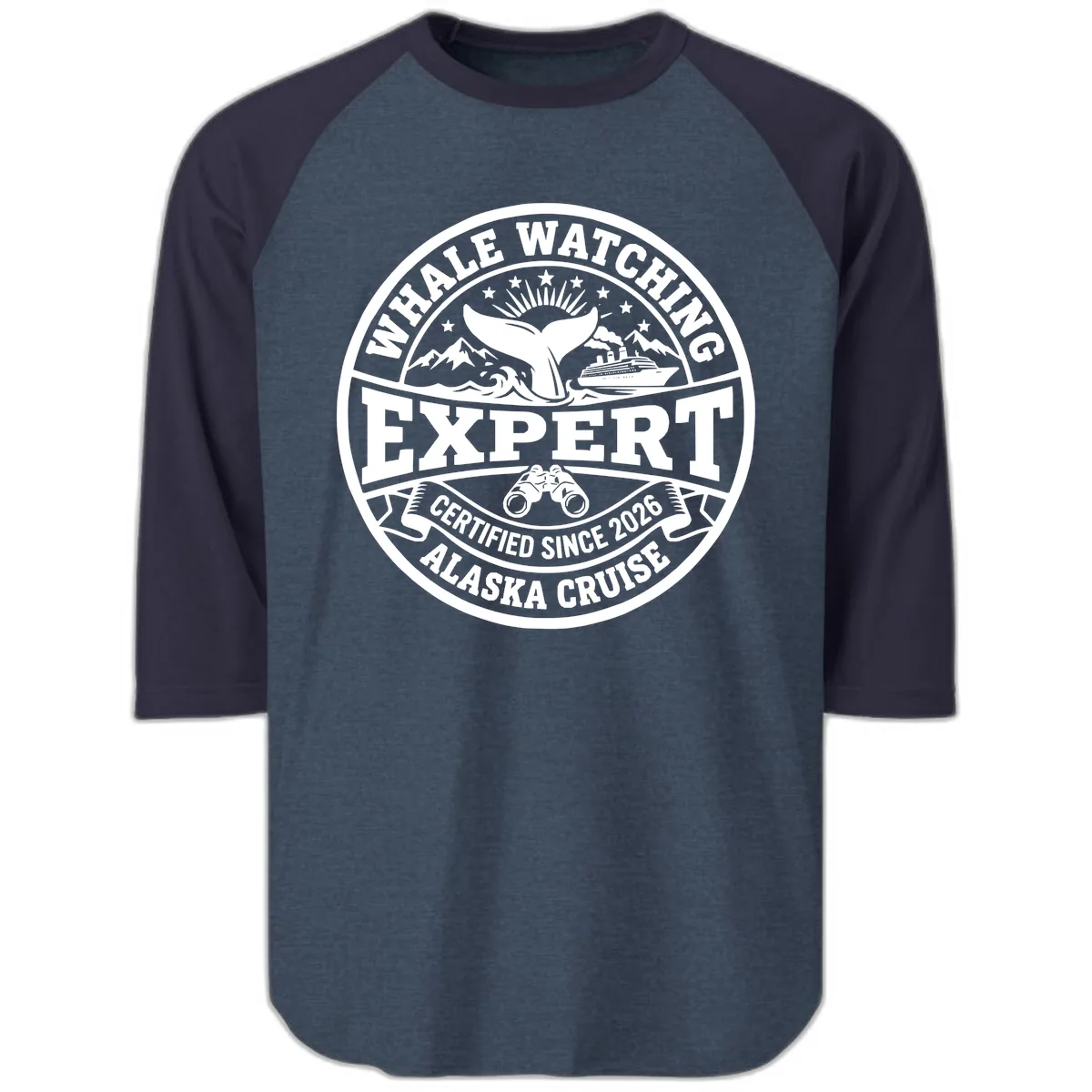 Whale Watching Expert Alaska Cruise Badge Raglan 3/4 in Heather Denim Navy