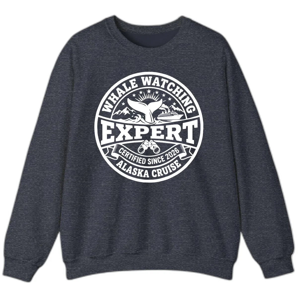 Whale Watching Expert Alaska Cruise Badge Sweatshirt in Heather Sport Dark Navy