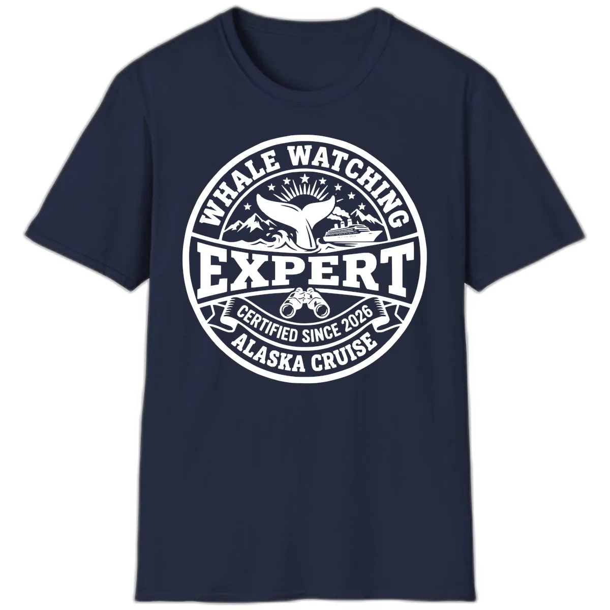 Whale Watching Expert Alaska Cruise Badge T-Shirt in Navy