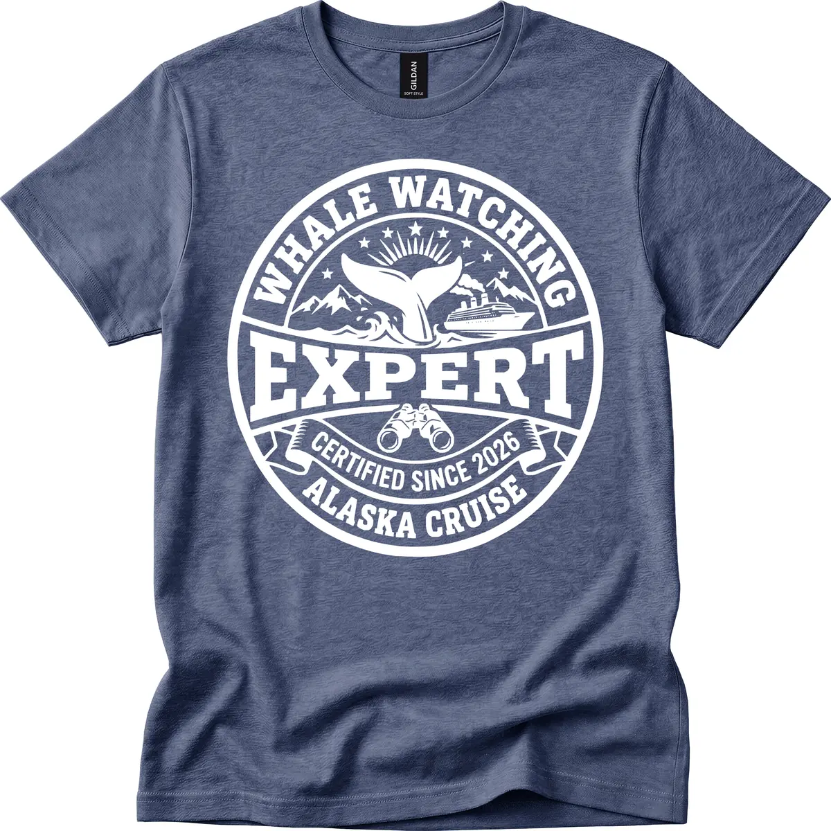 Whale Watching Expert Alaska Cruise Badge T-Shirt in Heather Navy