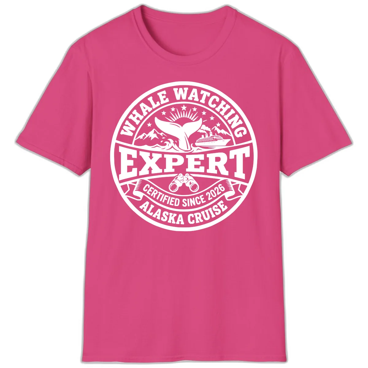 Whale Watching Expert Alaska Cruise Badge T-Shirt in Heliconia