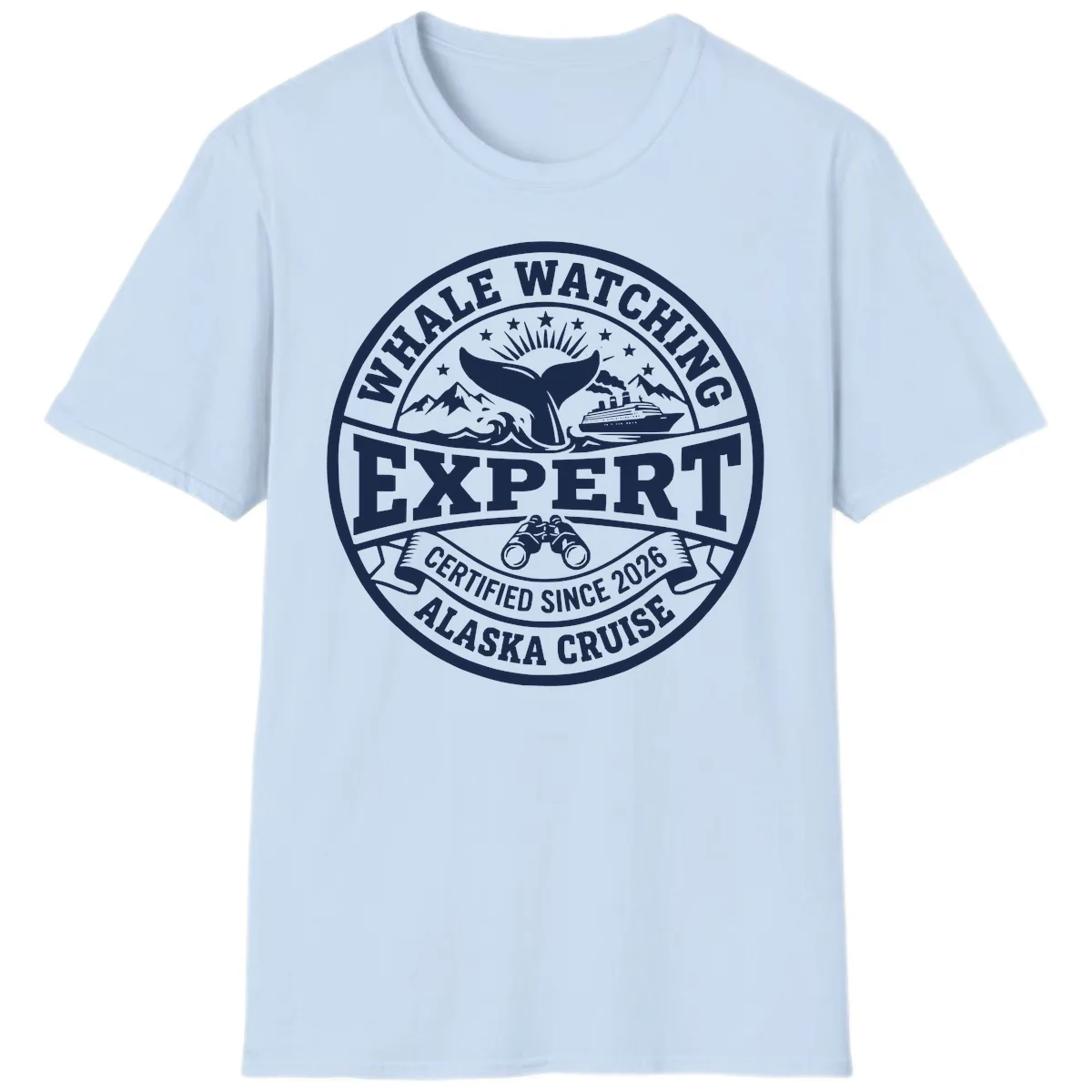 Whale Watching Expert Alaska Cruise Badge T-Shirt in Light Blue