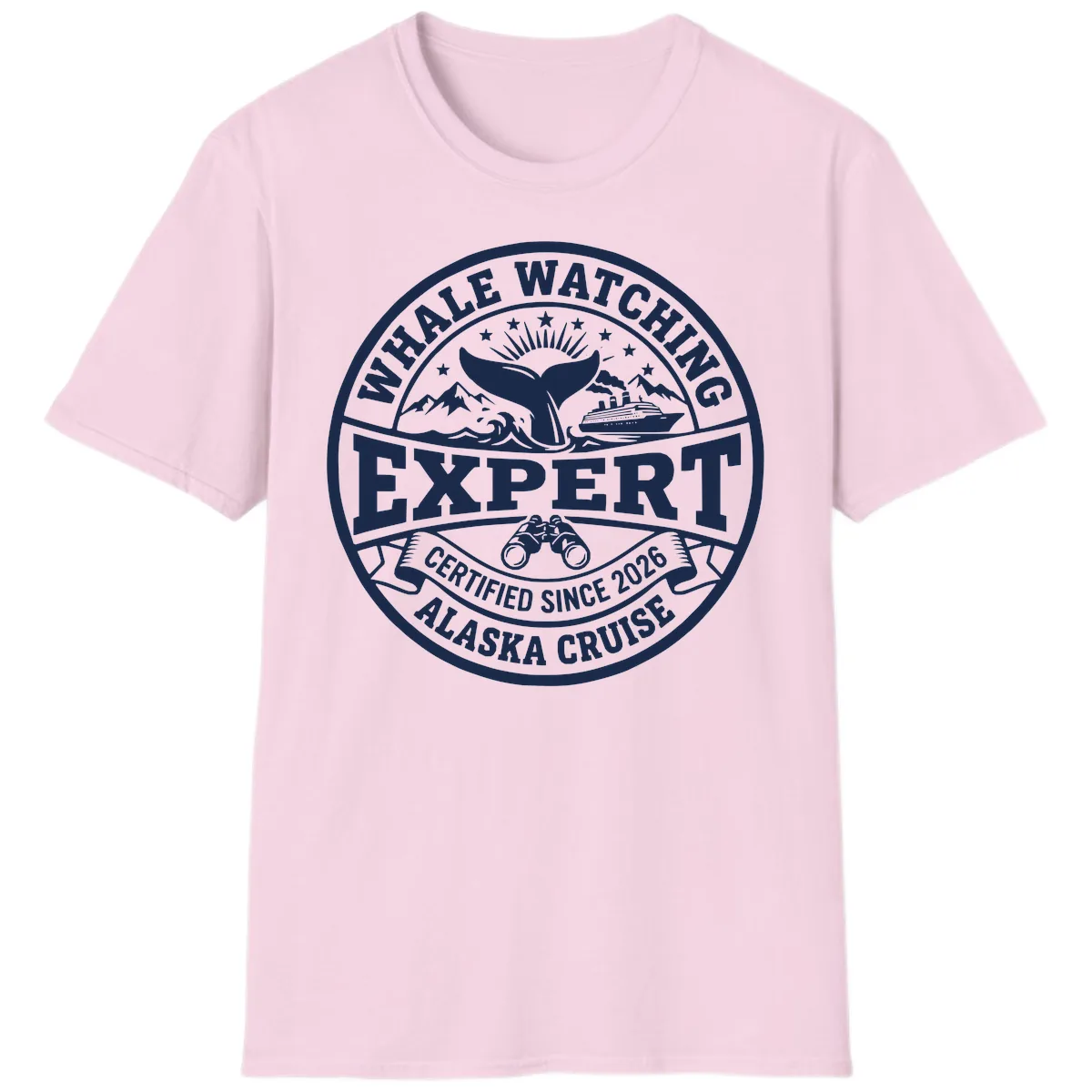 Whale Watching Expert Alaska Cruise Badge T-Shirt in Light Pink