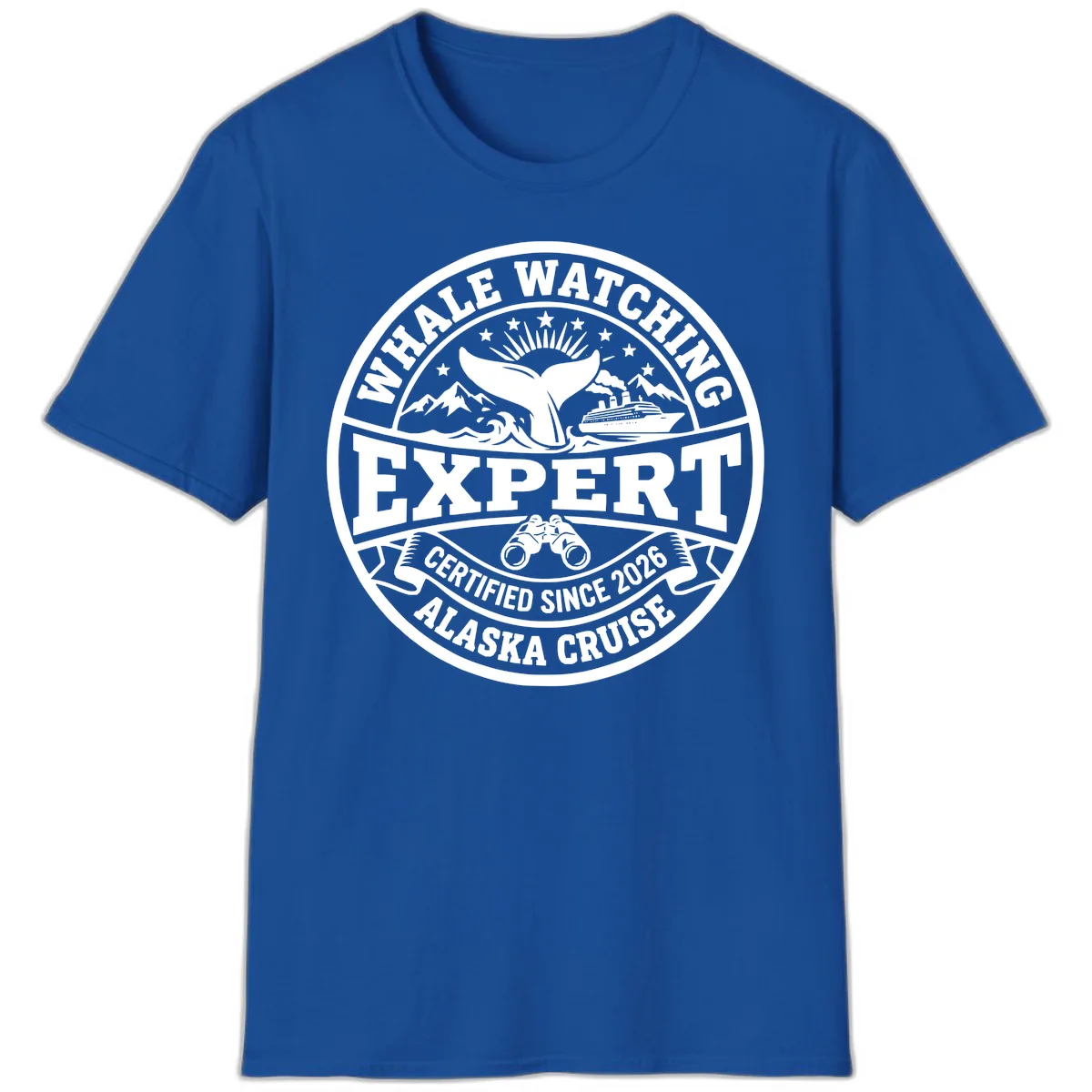 Whale Watching Expert Alaska Cruise Badge T-Shirt in Royal
