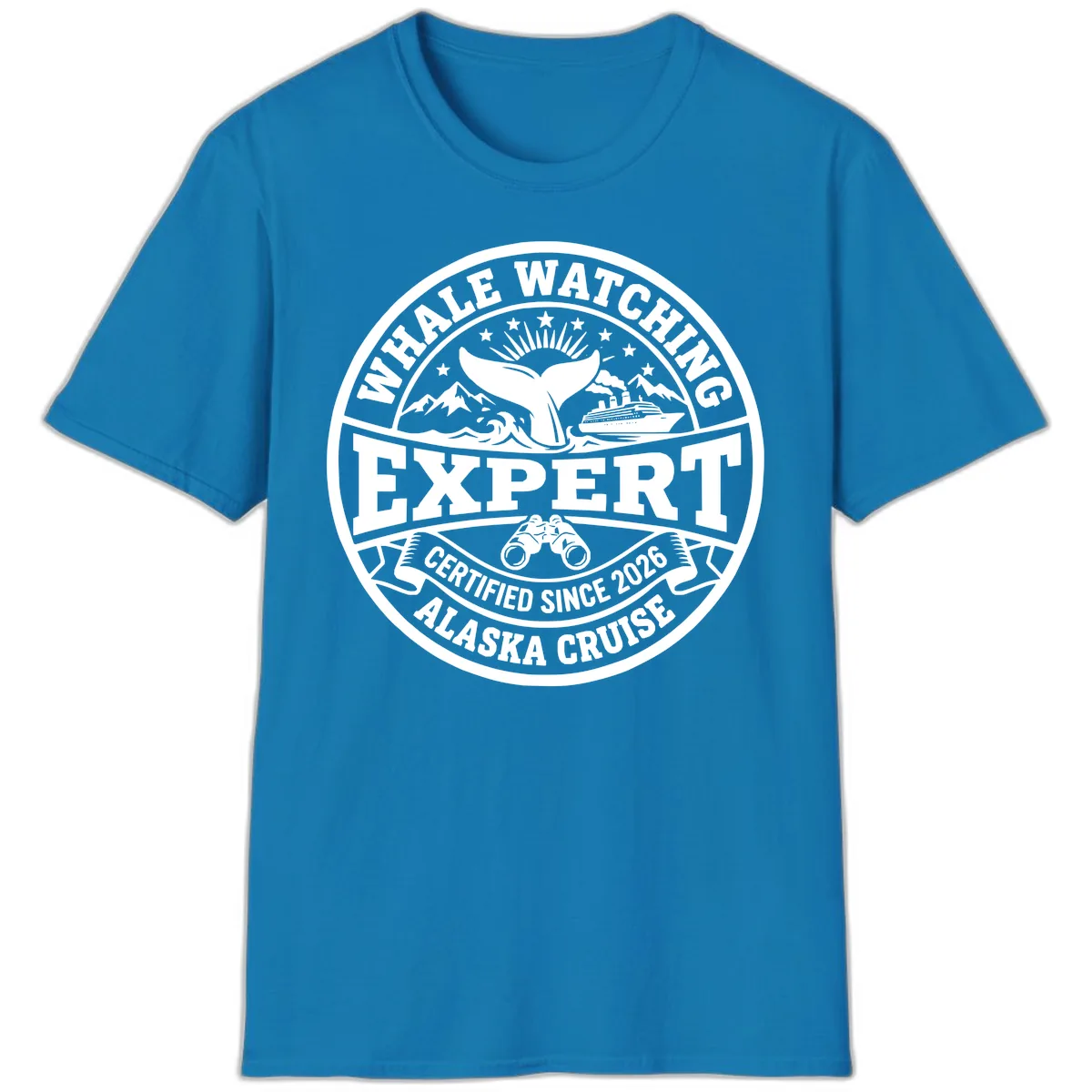 Whale Watching Expert Alaska Cruise Badge T-Shirt in Sapphire