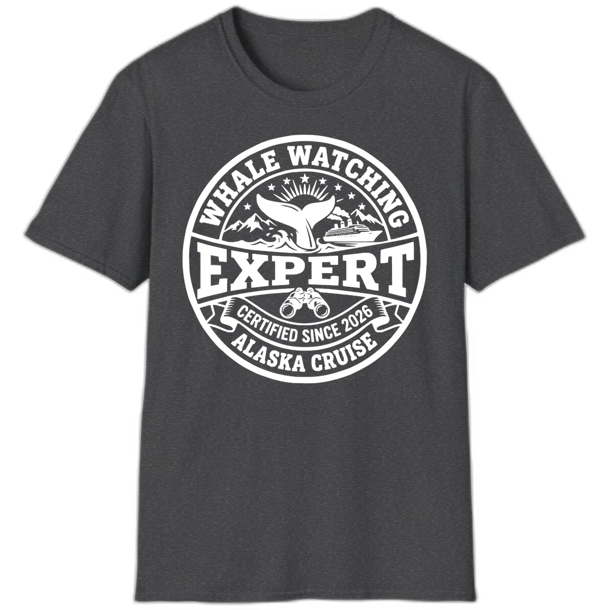 Whale Watching Expert Alaska Cruise Badge T-Shirt in Dark Heather