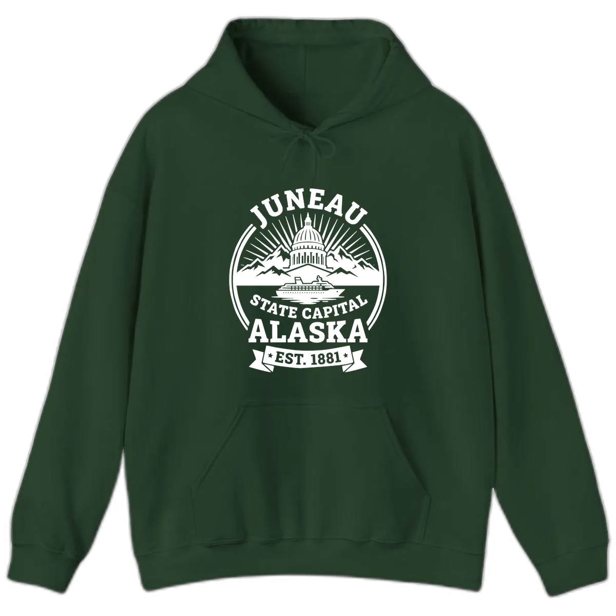 Juneau State Capital Alaska Cruise Badge Hoodie in Forest Green