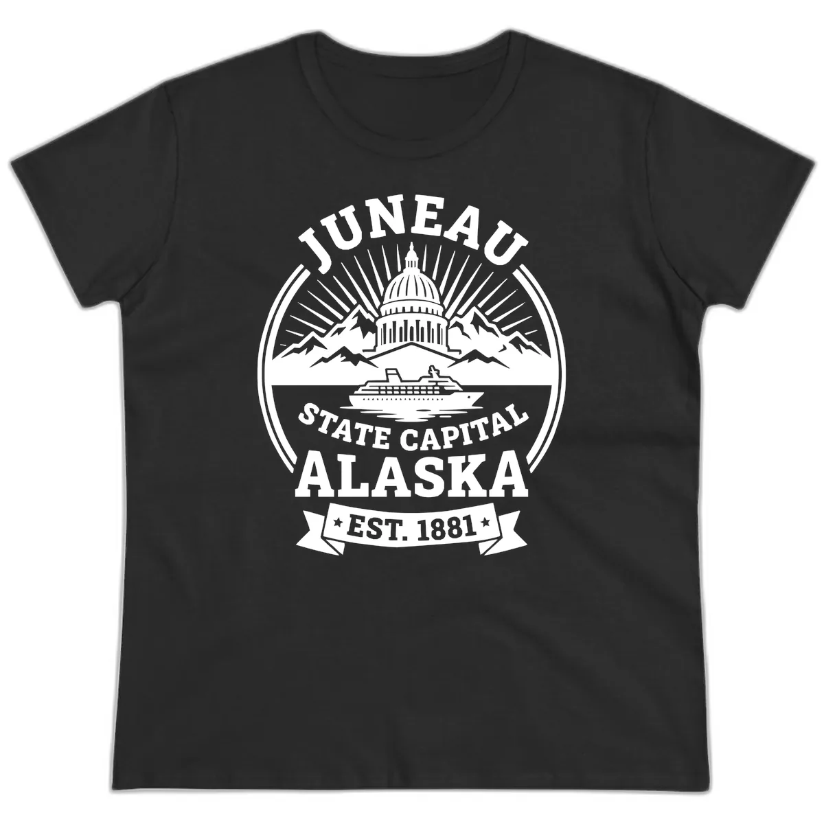 Juneau State Capital Alaska Cruise Badge Ladies Tee in Black