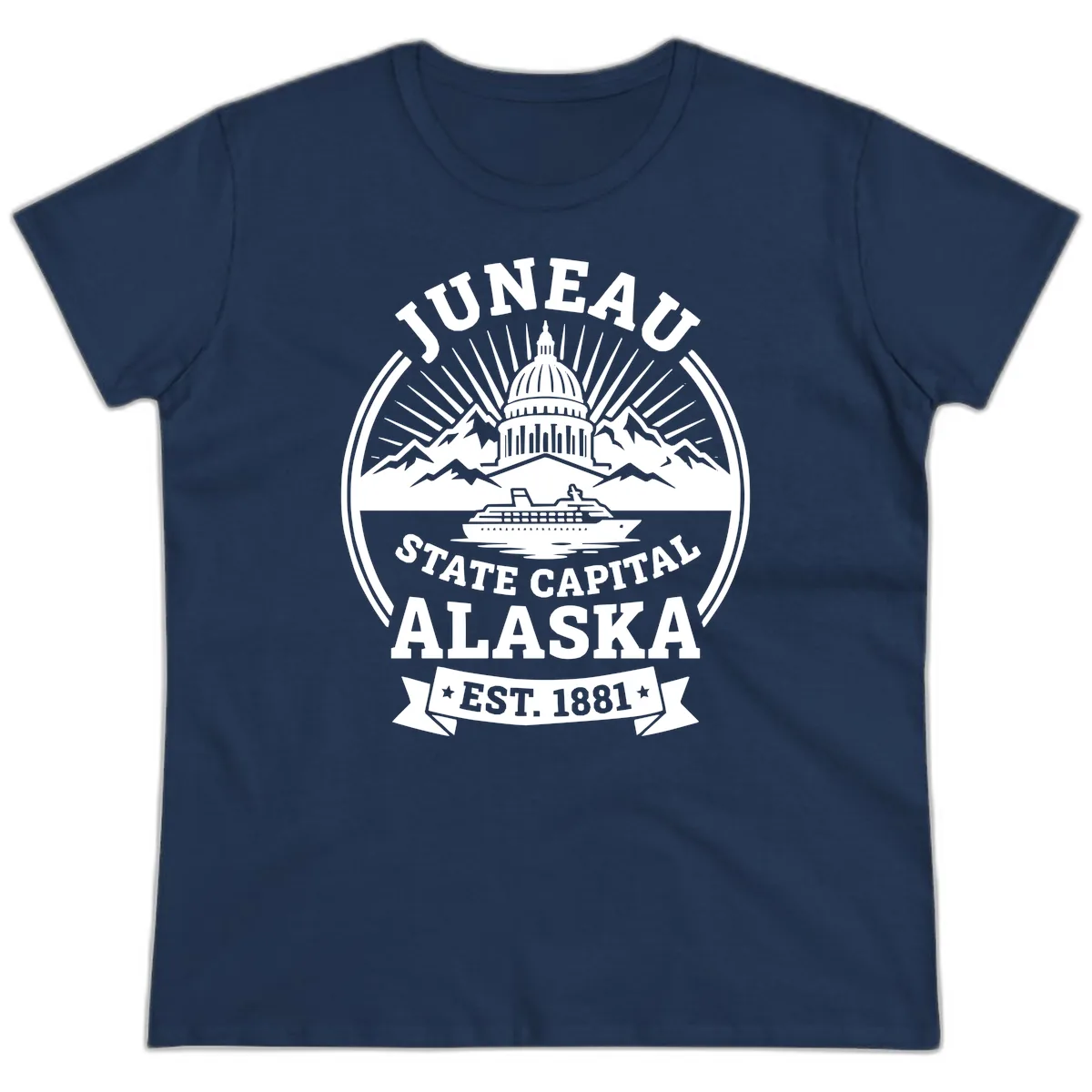 Juneau State Capital Alaska Cruise Badge Ladies Tee in Navy