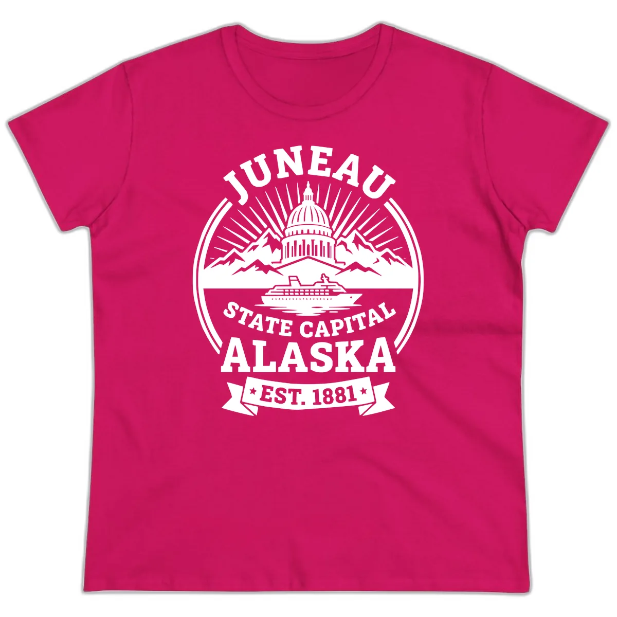 Juneau State Capital Alaska Cruise Badge Ladies Tee in Heliconia