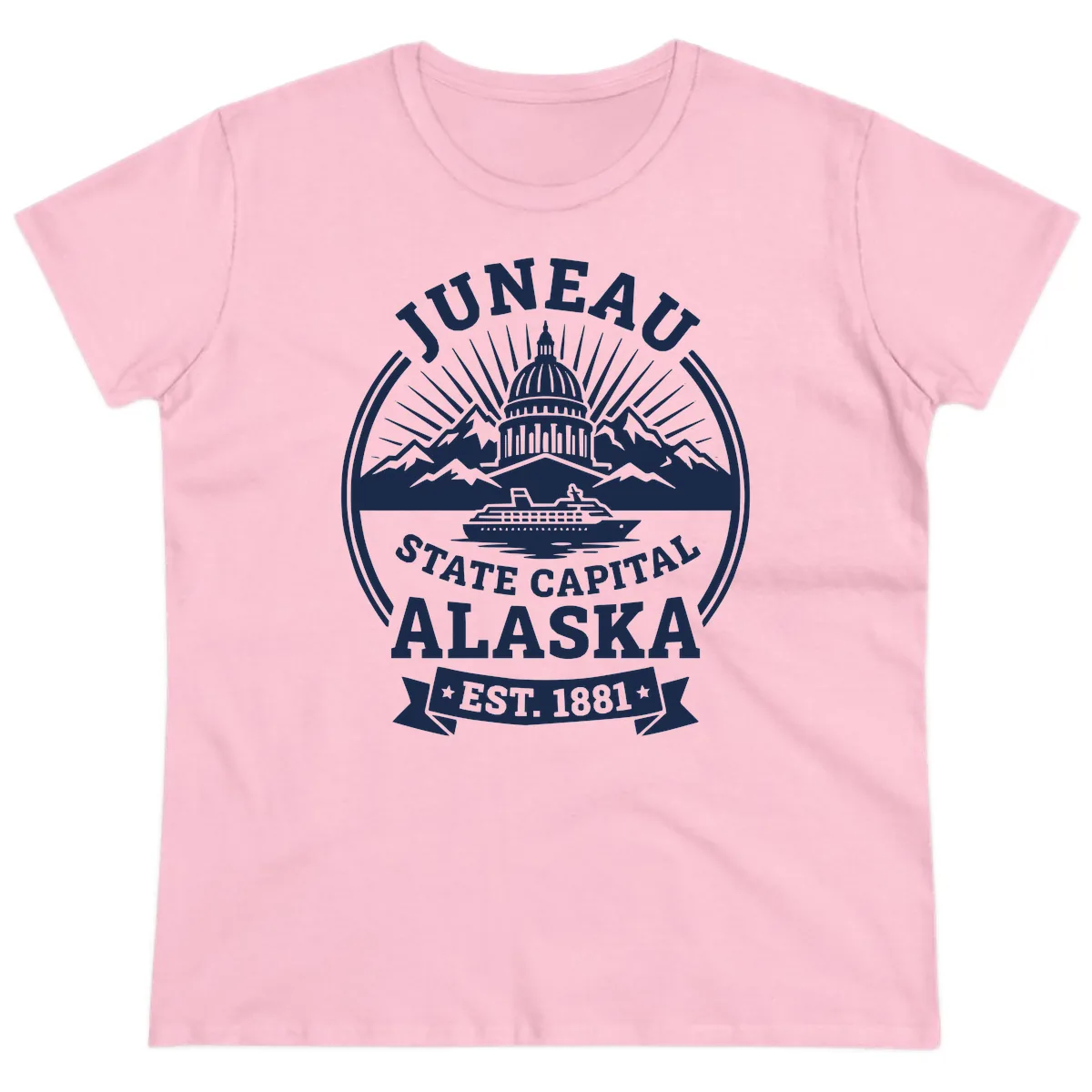 Juneau State Capital Alaska Cruise Badge Ladies Tee in Light Pink